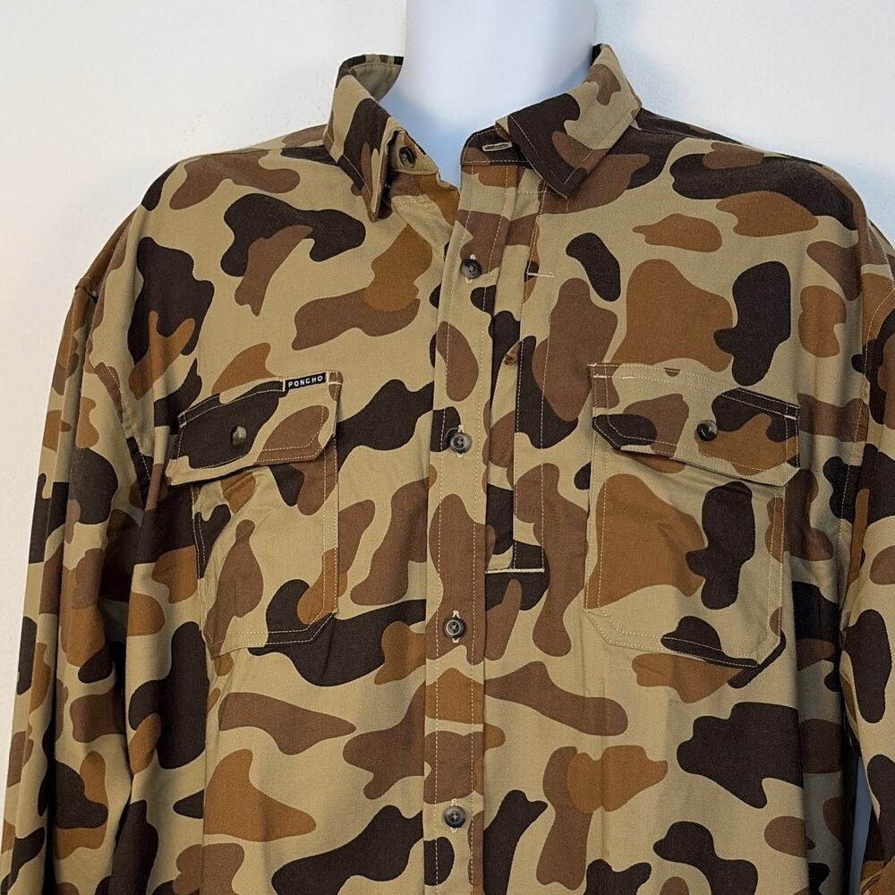 Poncho Men’s XL Brown Tan Camouflage Button-Up Long Sleeve Button-Down Pocket - Picture 4 of 6
